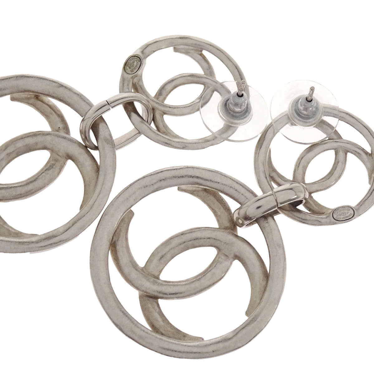 Chanel CC Button Dangle Piercing Earrings Silver A18P
