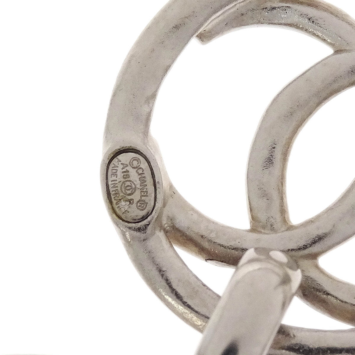 Chanel CC Button Dangle Piercing Earrings Silver A18P