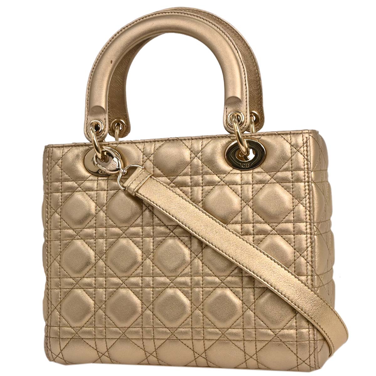 Christian Dior Gold Lambskin Medium Lady Dior Cannage 2way Shoulder Handbag