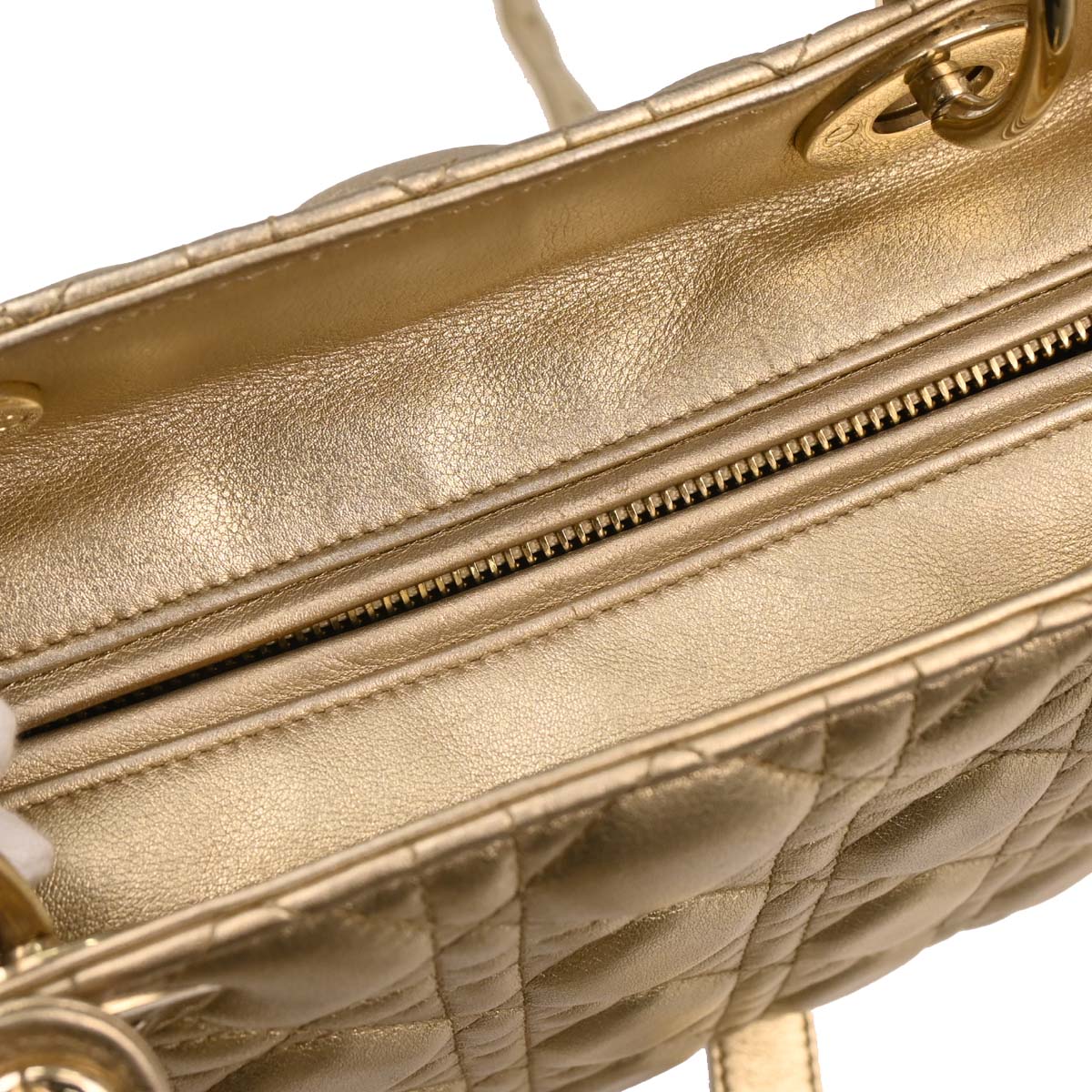 Christian Dior Gold Lambskin Medium Lady Dior Cannage 2way Shoulder Handbag