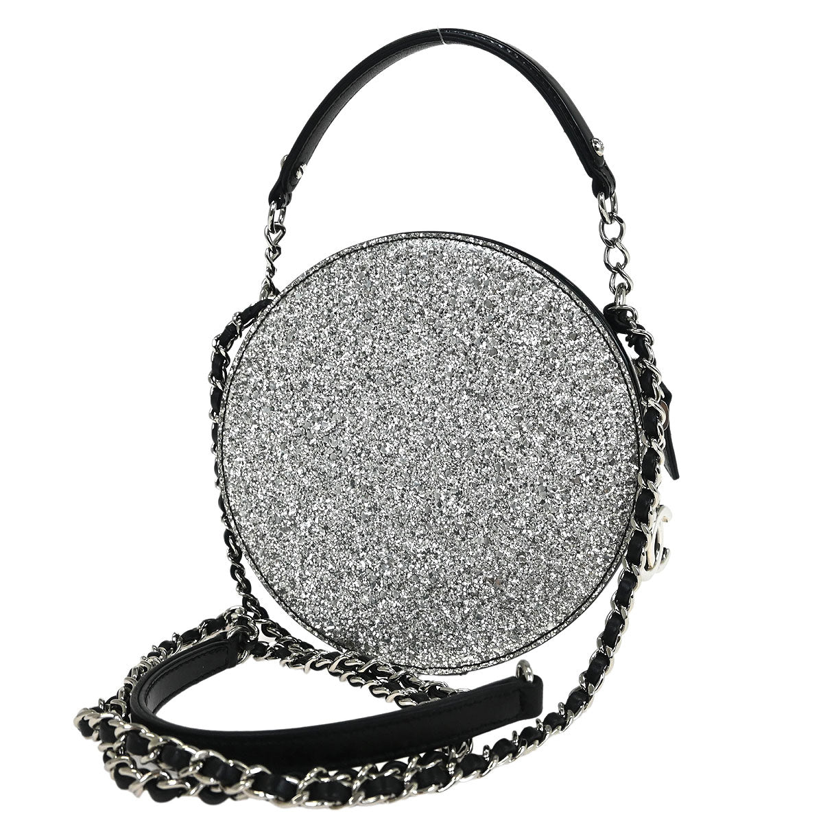 Chanel Metallic Silver Patent Leather Round Chain Shoulder Bag