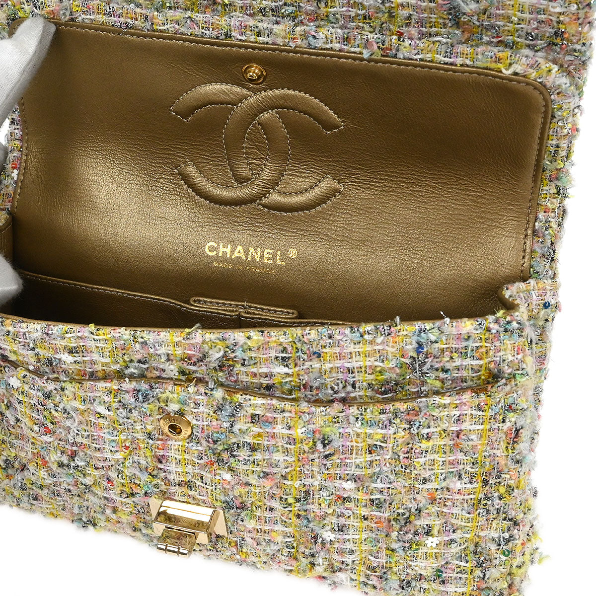 Chanel White Tweed Garden Party Medium Classic Double Flap Shoulder Bag