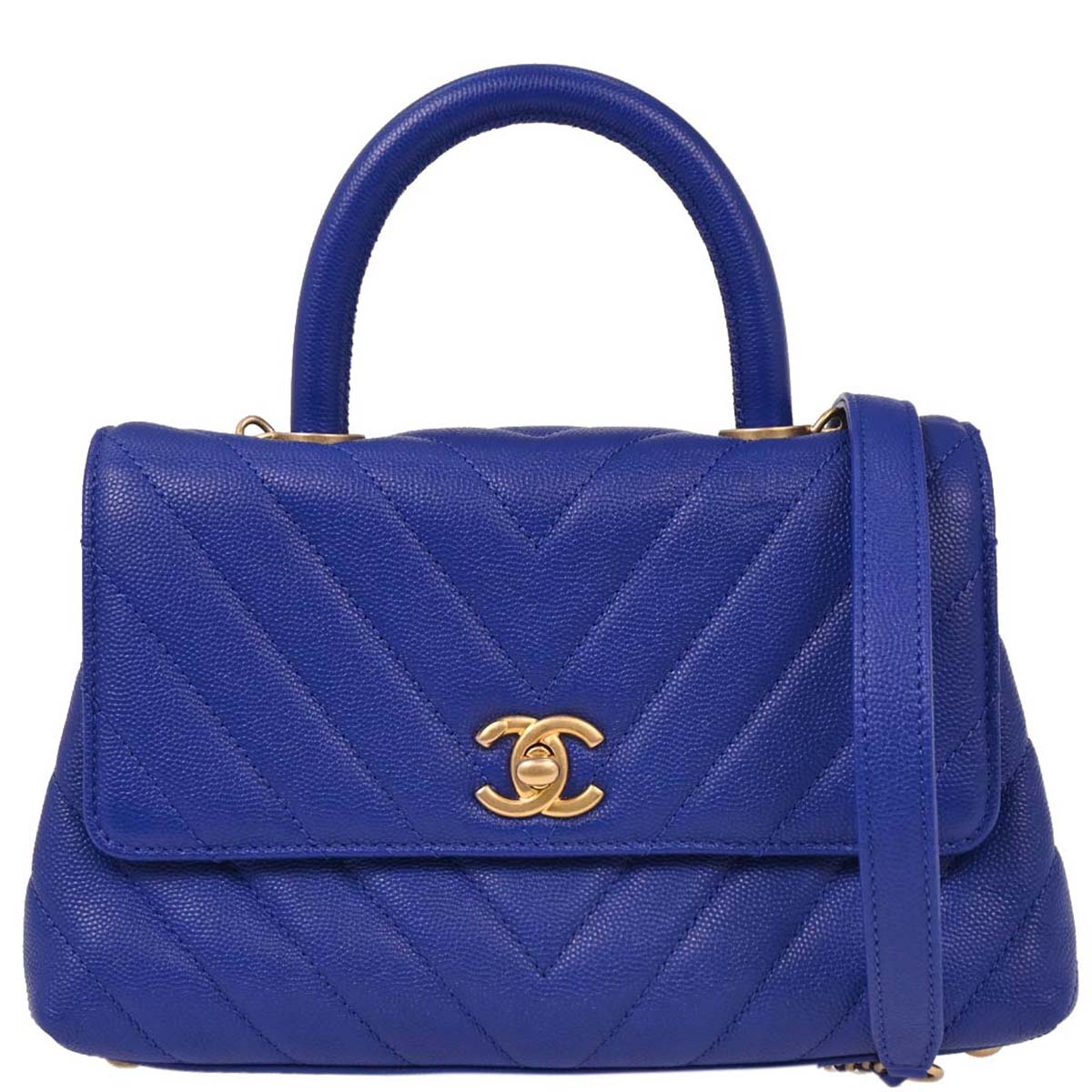 Chanel Blue Caviar Chevron Coco Handle XS 2way Shoulder Handbag