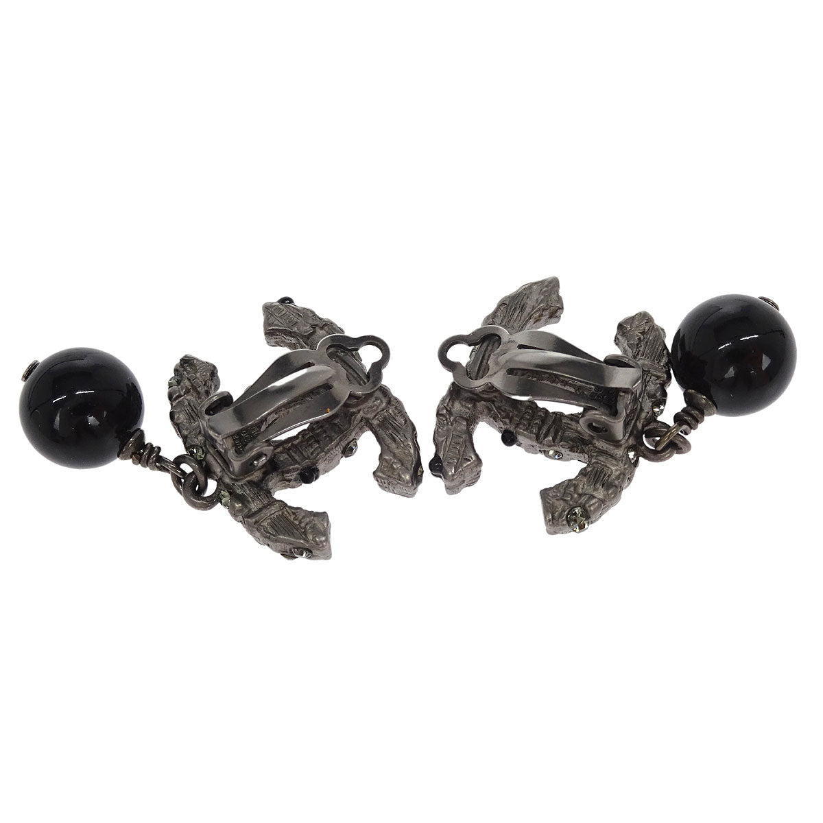 Chanel CC Earrings Clip-On Dangle Silver Rhinestone 10A