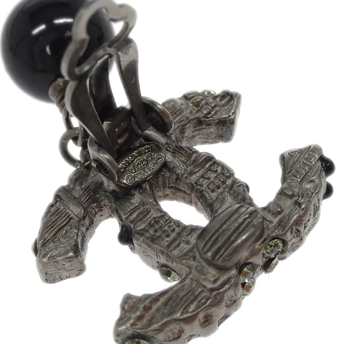 Chanel CC Earrings Clip-On Dangle Silver Rhinestone 10A