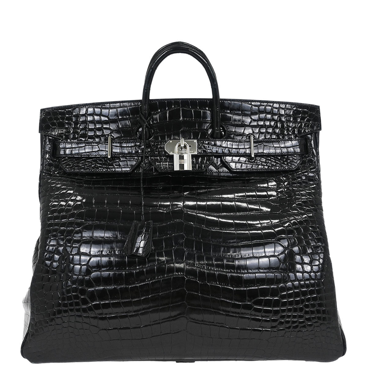 Hermes * Black Porosus Haut a Courroies 50 Handbag