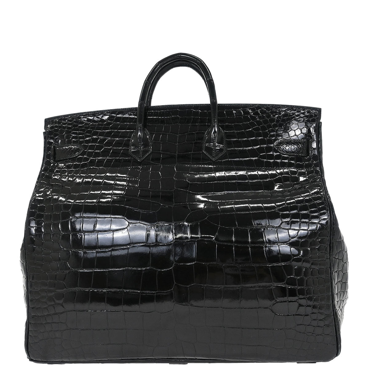 Hermes * Black Porosus Haut a Courroies 50 Handbag