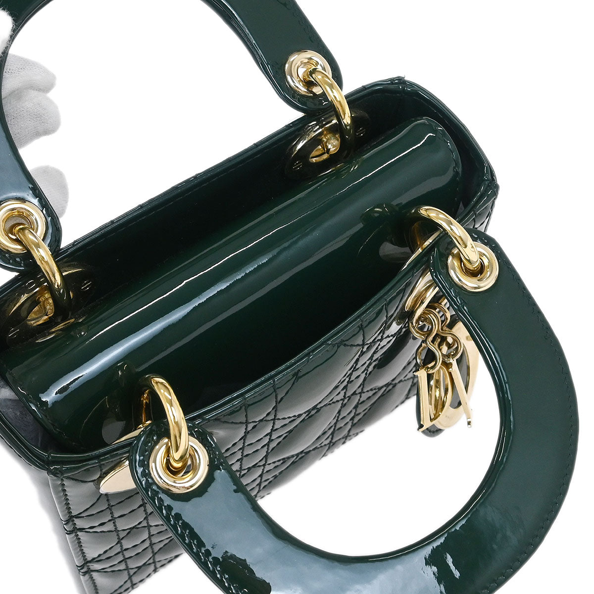 Christian Dior Green Patent Leather Small Lady Dior Cannage Handbag