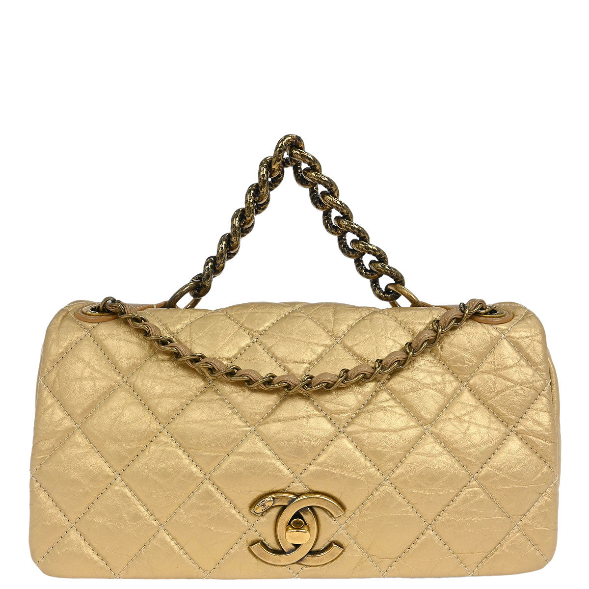 Chanel 2012 Gold Calfskin Pondicherry Flap 2way Shoulder Handbag