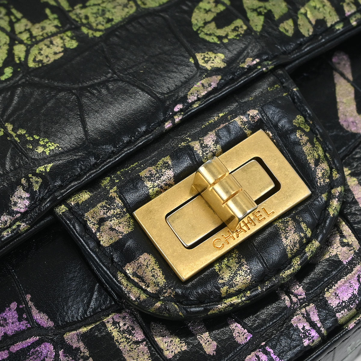 Chanel 2019 Black Embossed Leather Mademoiselle Lock Graffiti Shoulder Bag