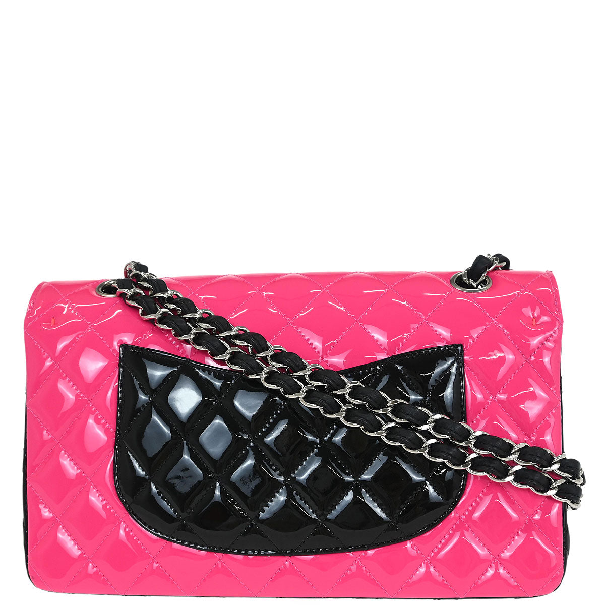 Chanel 2019 Pink Black Patent Leather Medium Classic Double Flap Shoulder Bag