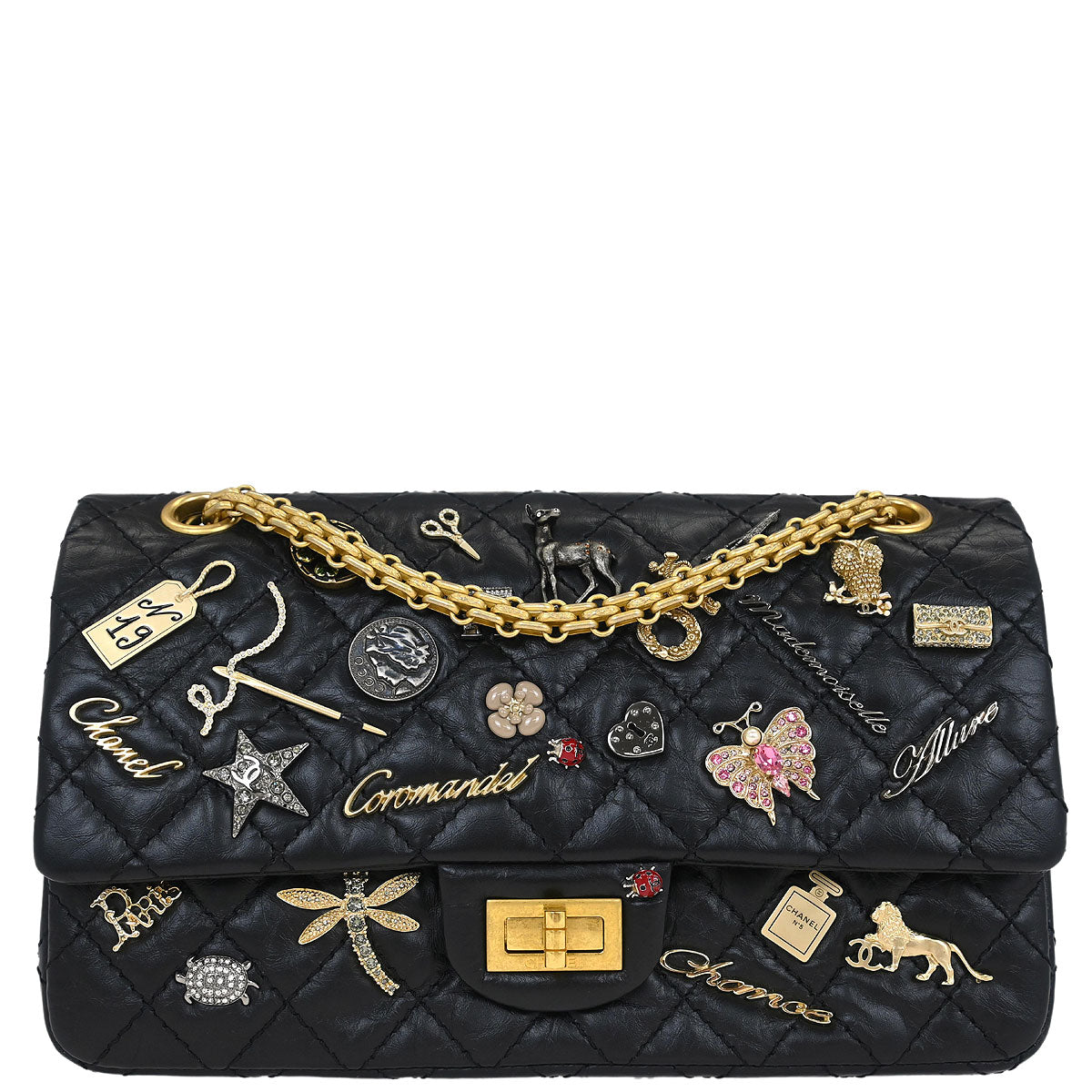 Chanel 2017-2018 Black Calfskin Icon 2.55 Medium Classic Double Flap Shoulder Bag