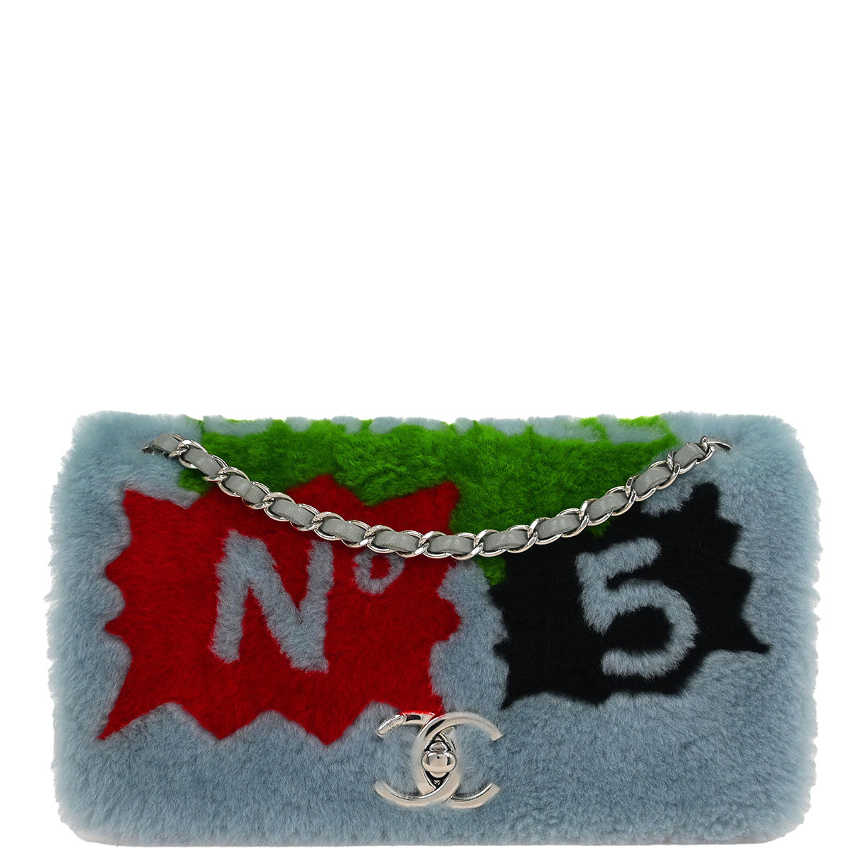 Chanel Light Blue Wool No.5 Turnlock Full Flap Shoulder Bag