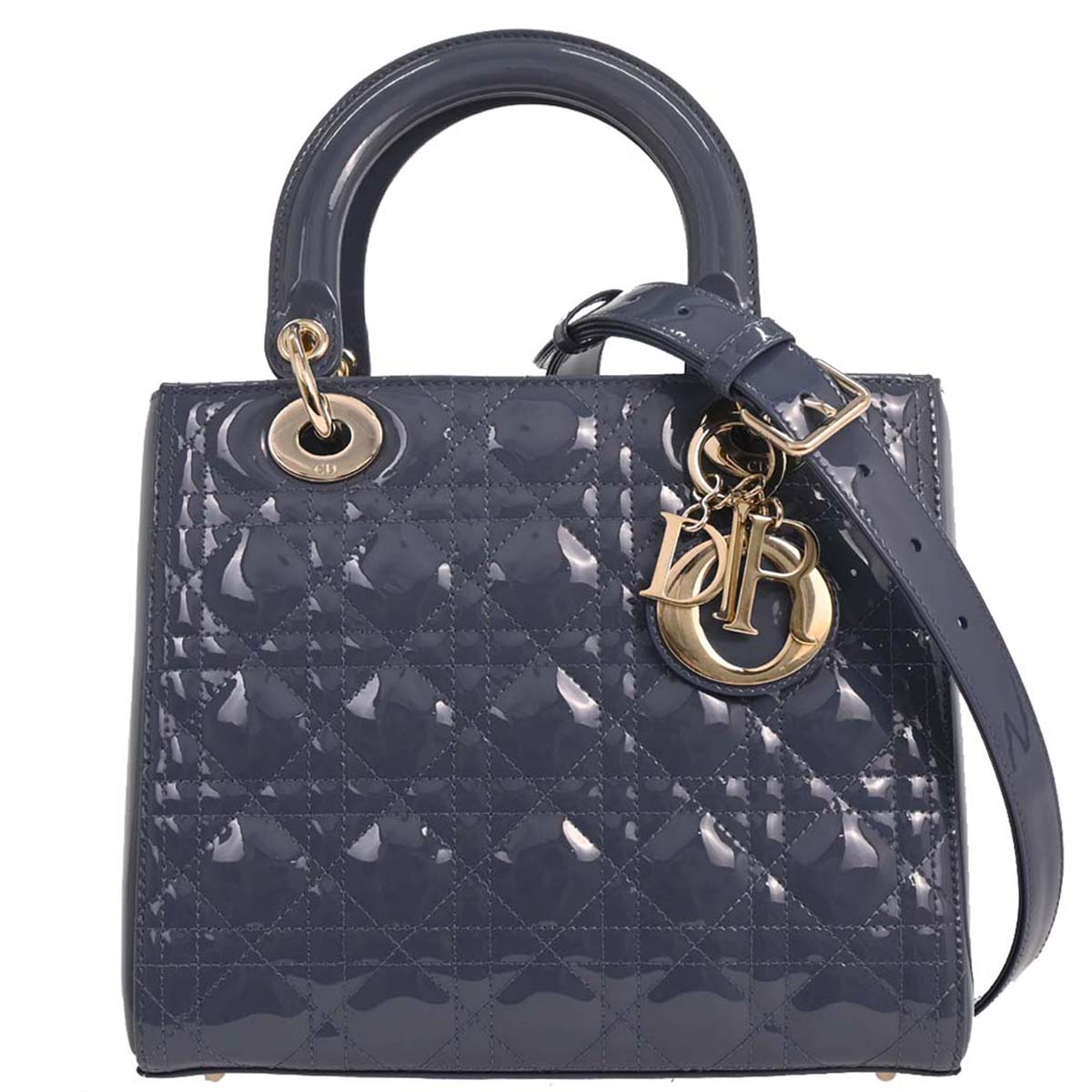 Christian Dior Blue Patent Medium Lady Dior Cannage 2way Shoulder Handbag