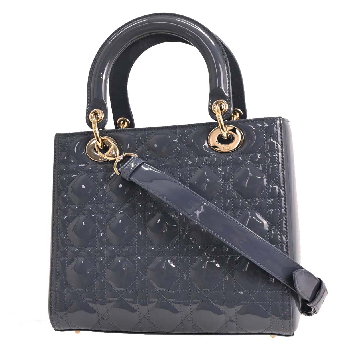 Christian Dior Blue Patent Medium Lady Dior Cannage 2way Shoulder Handbag