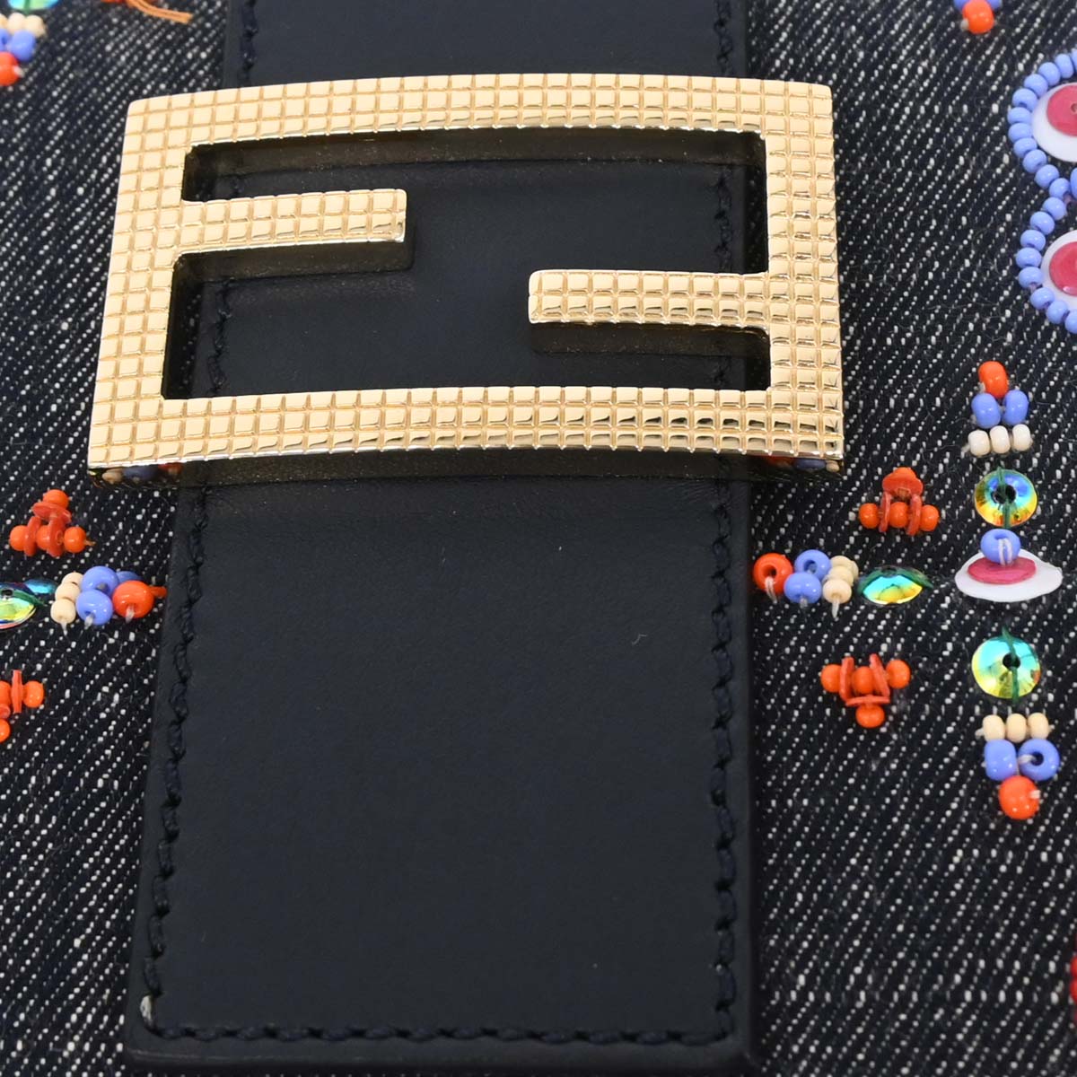 Fendi Navy Denim Beaded Baguette Handbag