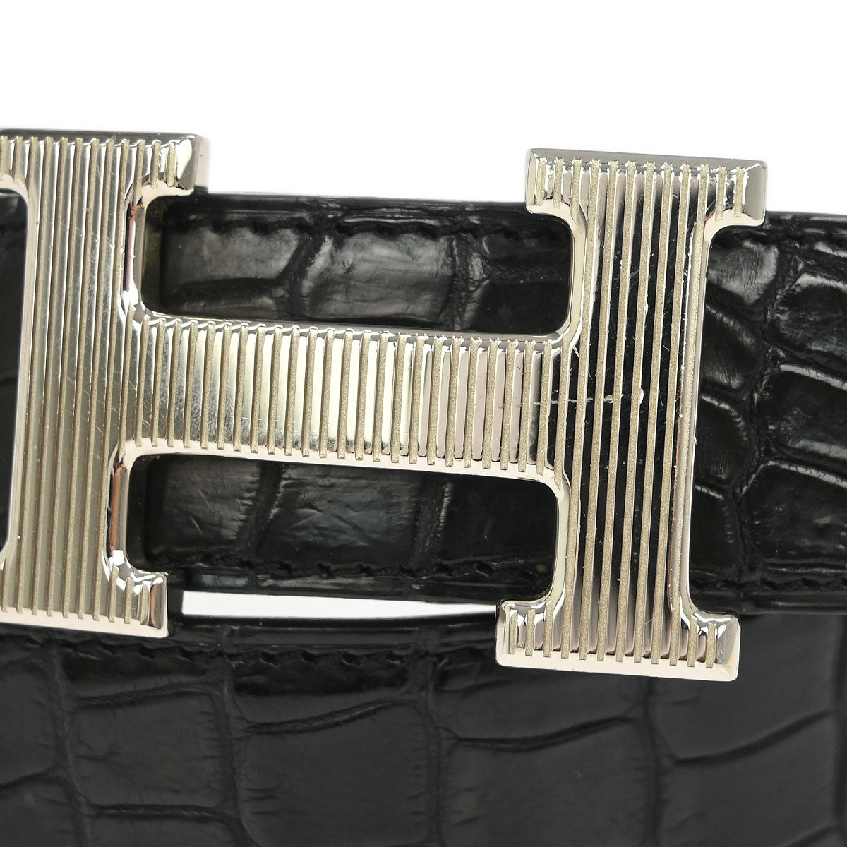 Hermes * Black Porosus Crocodile Guilloche Constance Belt #100 Small Good