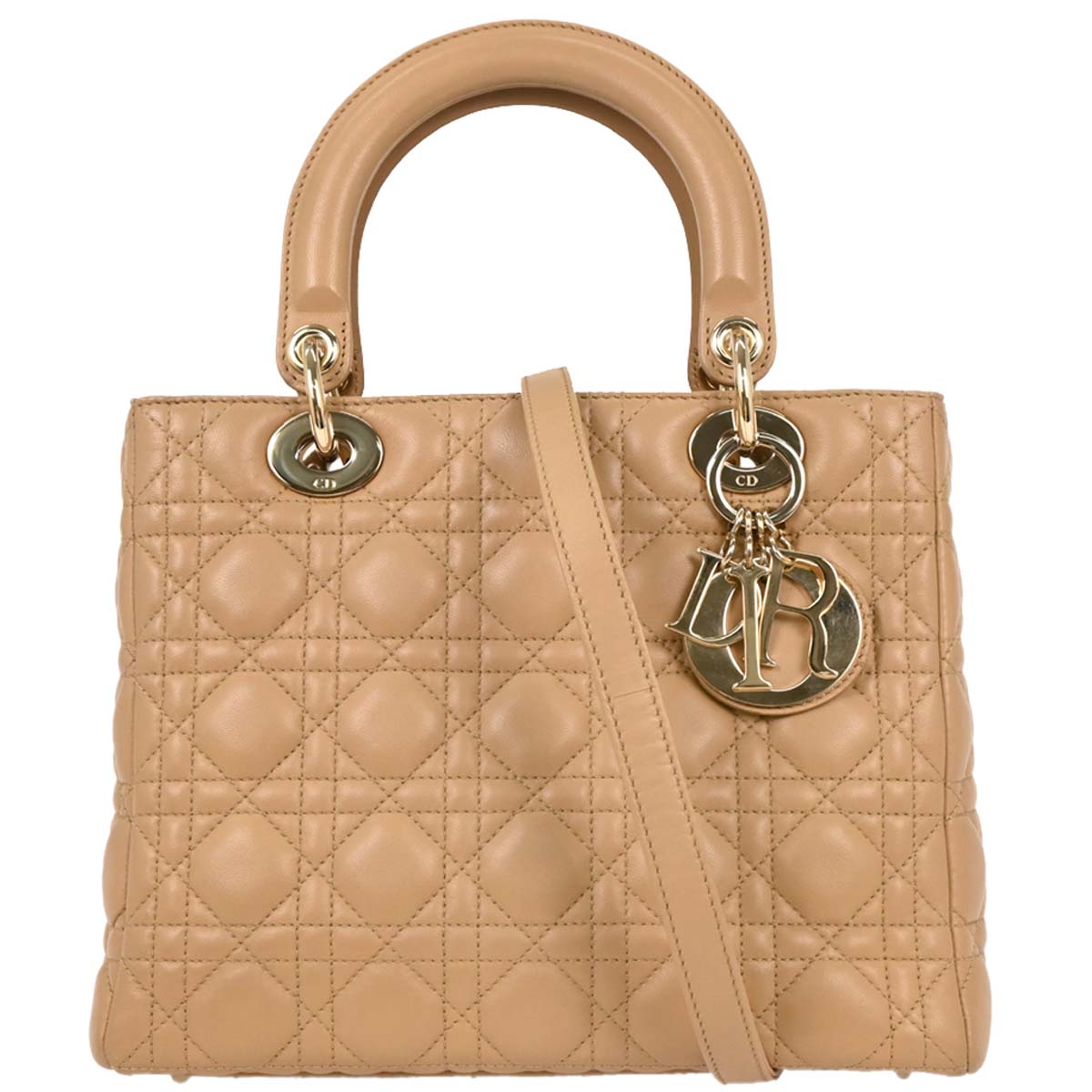Christian Dior Beige Lambskin Medium Lady Dior Cannage 2way Shoulder Handbag