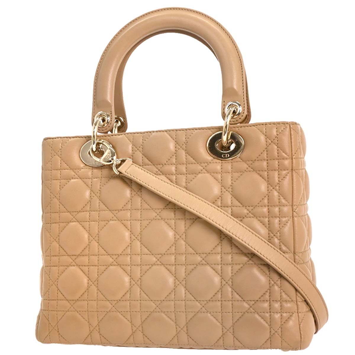 Christian Dior Beige Lambskin Medium Lady Dior Cannage 2way Shoulder Handbag
