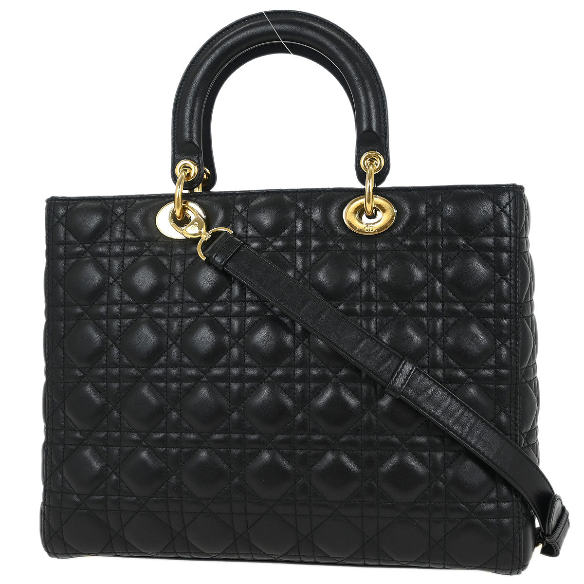 Christian Dior Black Lambskin Large Lady Dior Cannage 2way Handbag