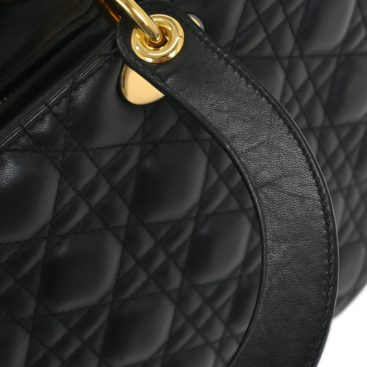 Christian Dior Black Lambskin Large Lady Dior Cannage 2way Handbag