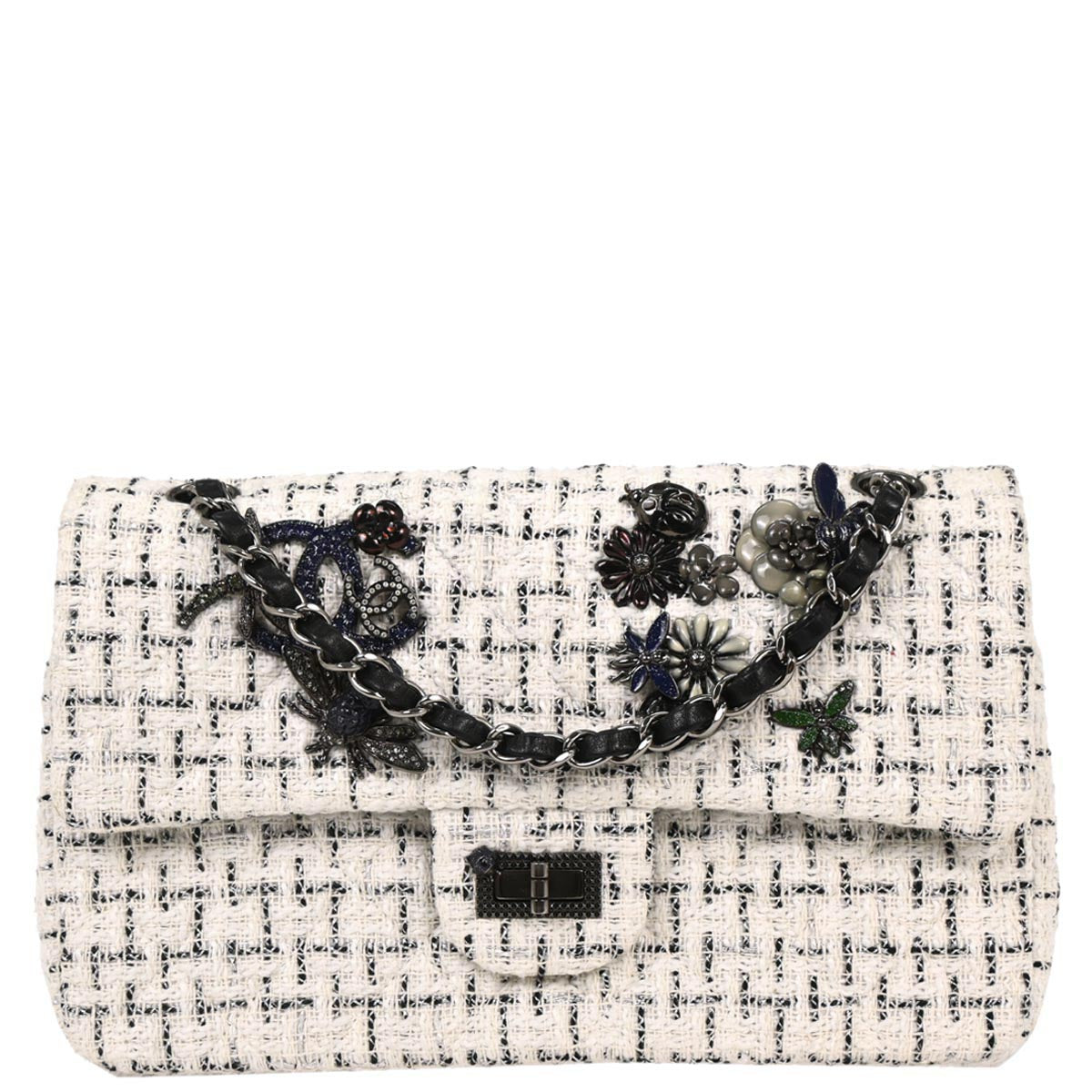 Chanel White Tweed Garden Party 2.55 Medium Classic Double Flap Bag
