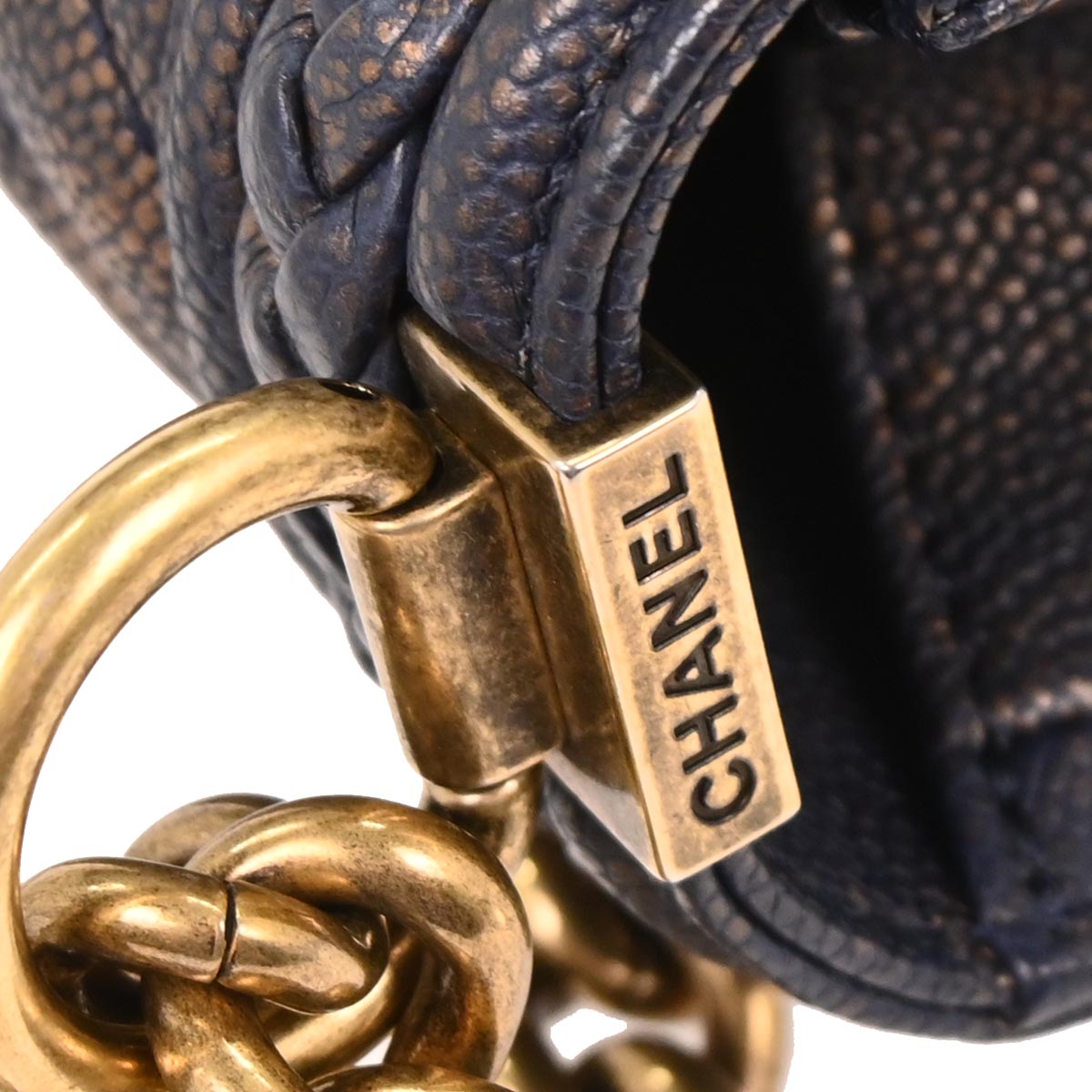 Boy Chanel 2018 Navy Gold Caviar Chevron Medium Shoulder Bag