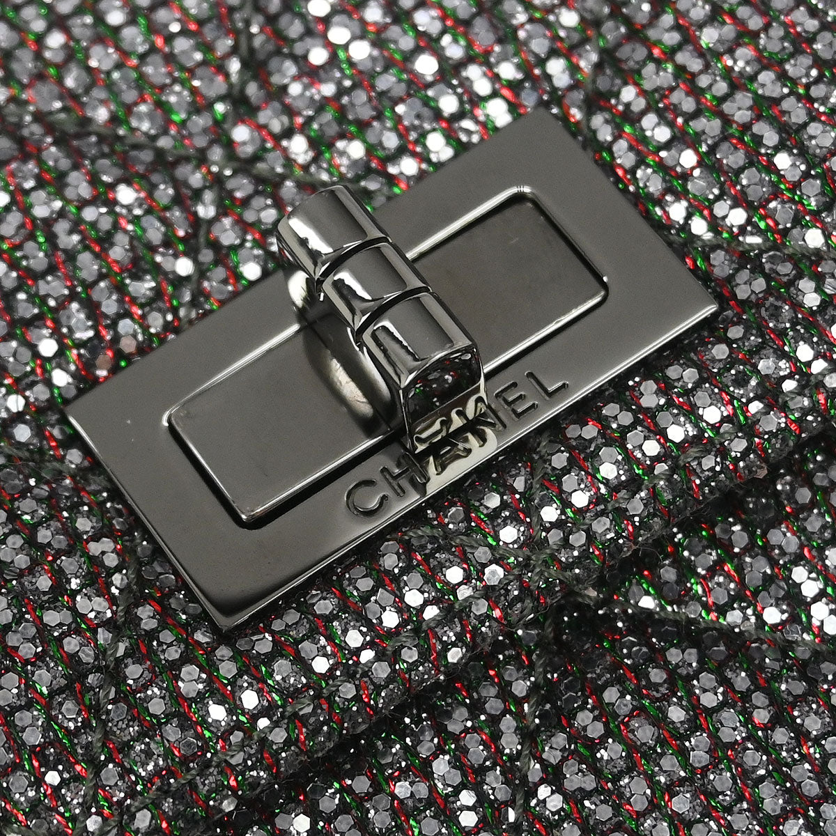 Chanel Silver Mademoiselle Lock Glitter Canvas Shoulder Bag