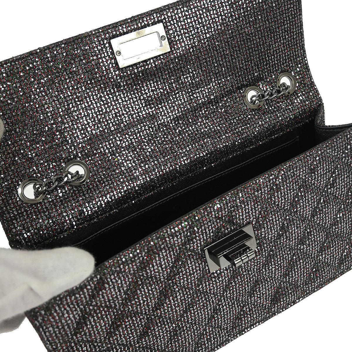 Chanel Silver Mademoiselle Lock Glitter Canvas Shoulder Bag