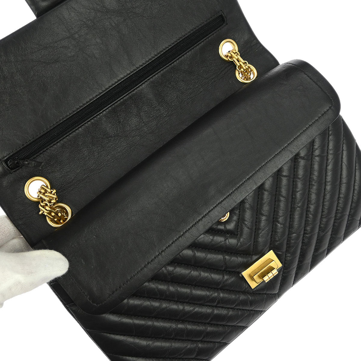 Chanel Black Calfskin Chevron Classic Double Flap Shoulder Bag