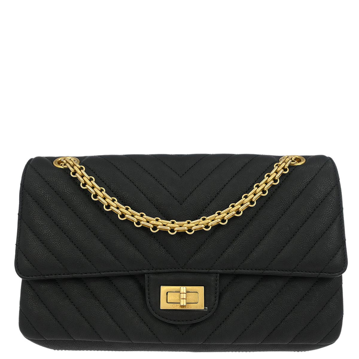 Chanel Black Calfskin 2.55 Chevron Classic Double Flap Shoulder Bag