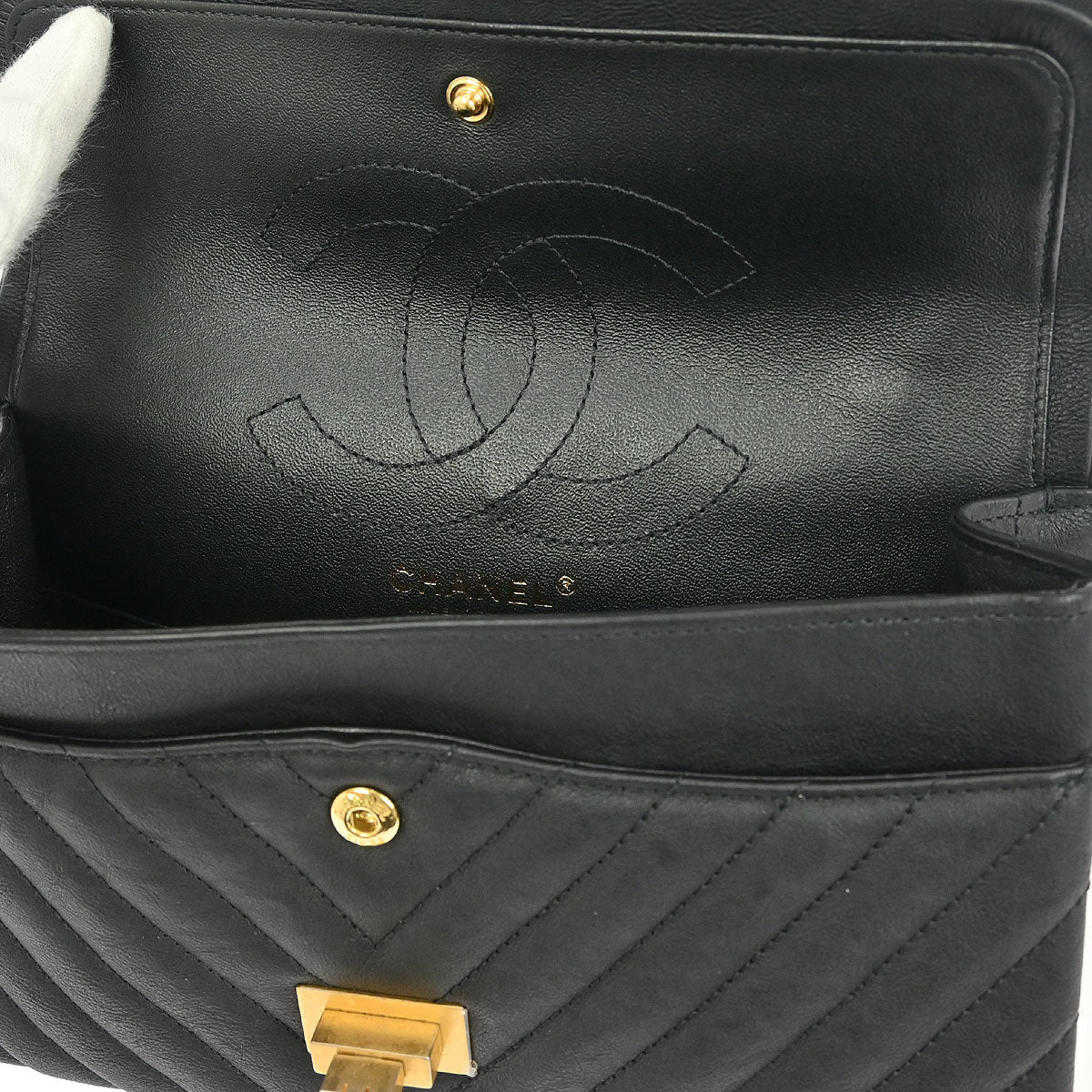 Chanel Black Calfskin 2.55 Chevron Classic Double Flap Shoulder Bag