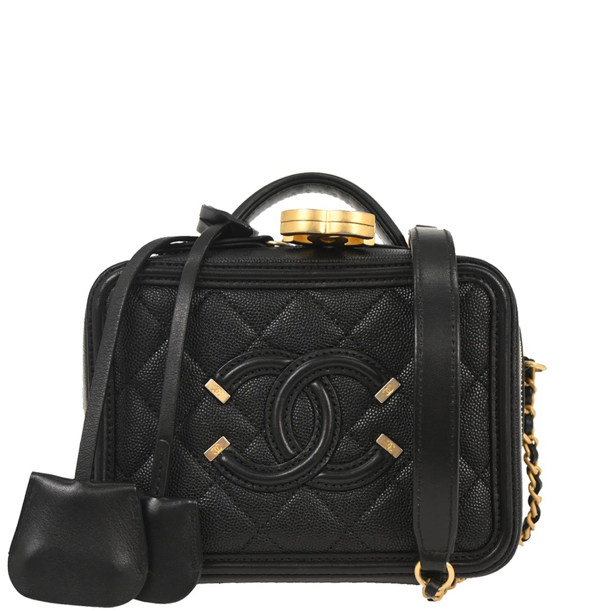 Chanel 2018 Black Caviar Filigree 2way Shoulder Vanity Handbag