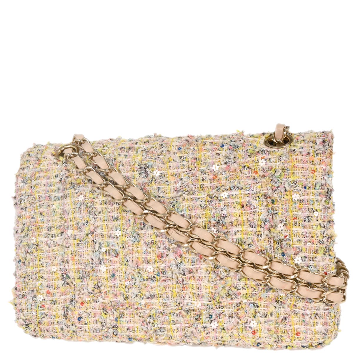 Chanel 2010-2011 White Tweed Garden Party Medium Classic Double Flap Shoulder Bag