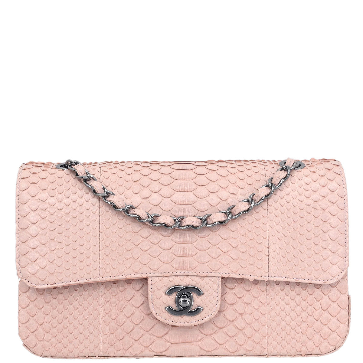 Chanel * Light Pink Python Medium Classic Double Flap Shoulder Bag