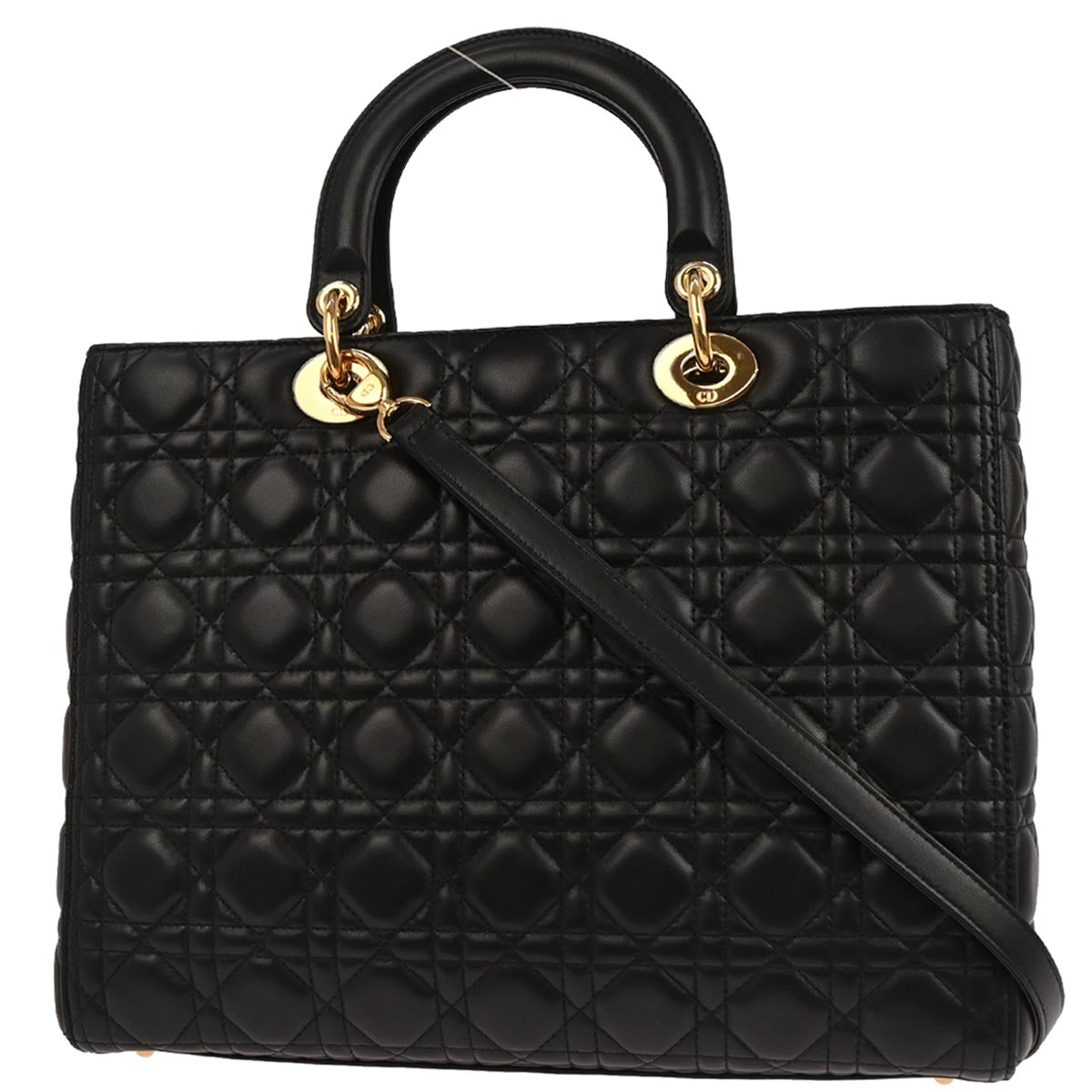 Christian Dior Black Lambskin Large Lady Dior Cannage 2way Shoulder Handbag