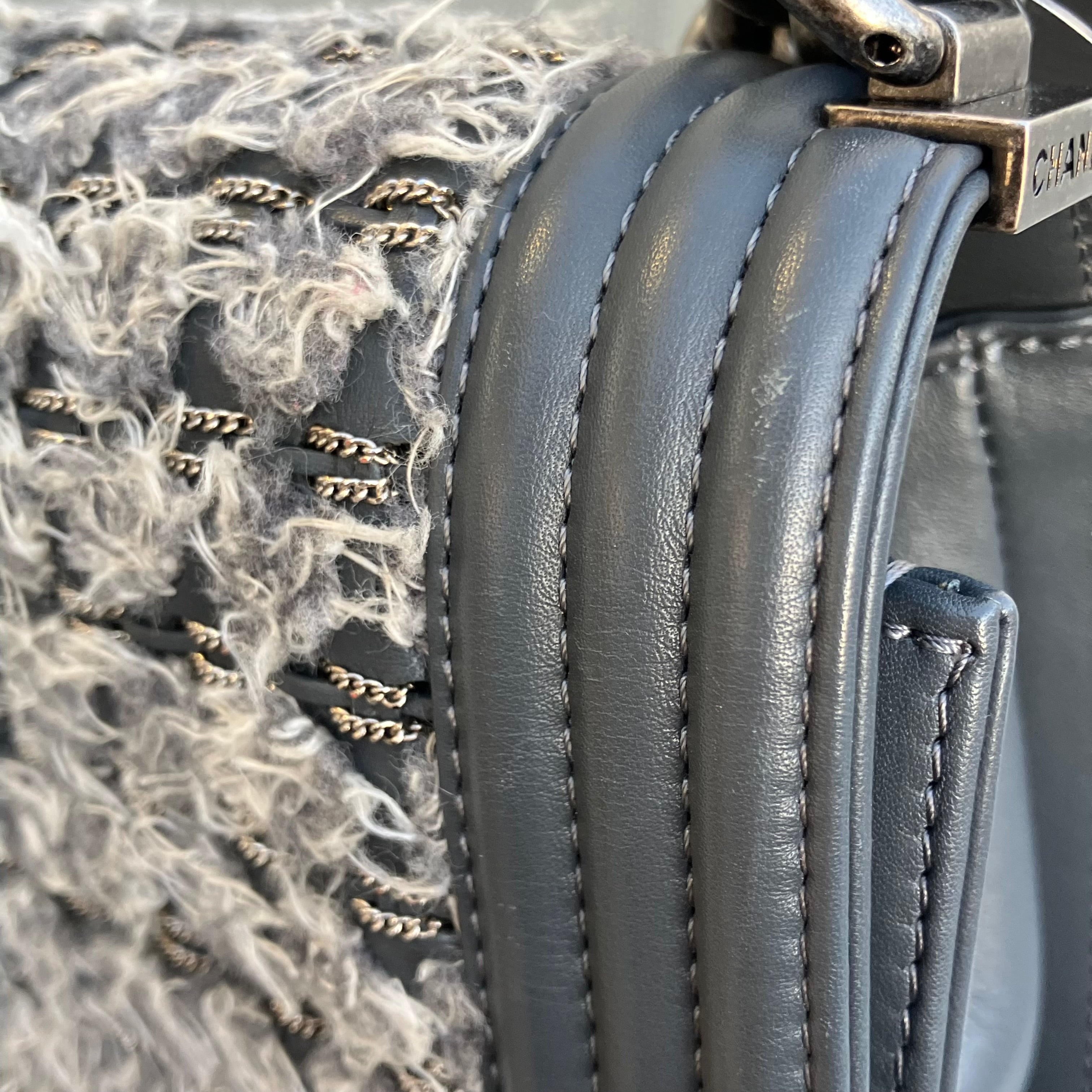 Boy Chanel Gray Tweed Lambskin Medium Double Chain Shoulder Bag