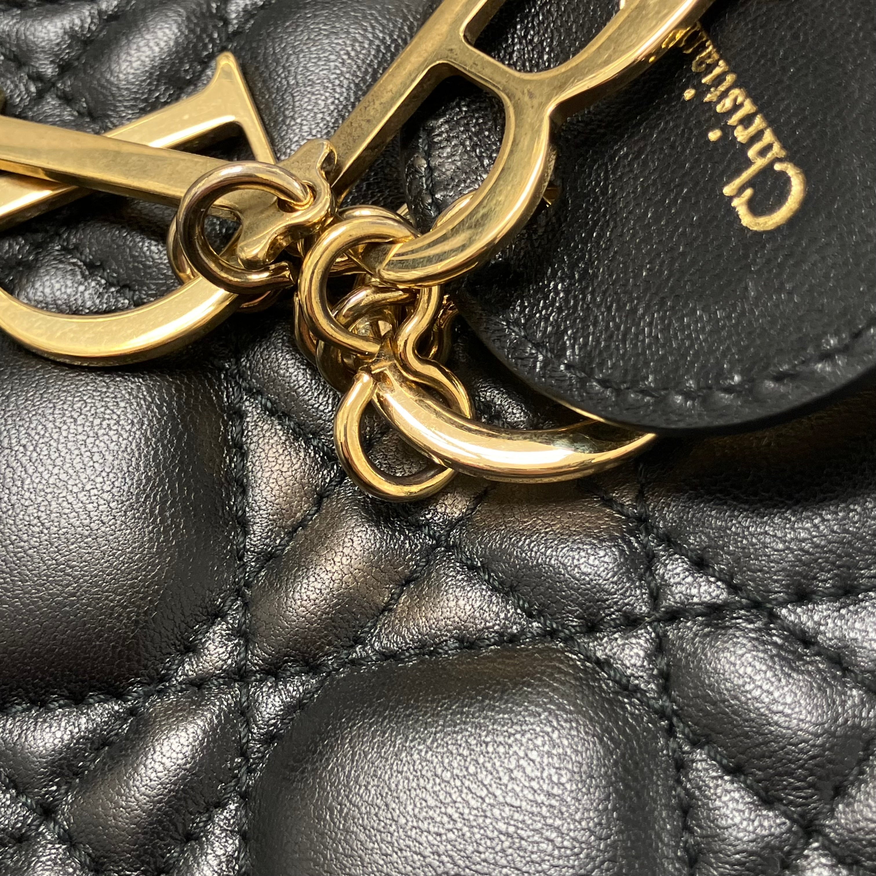 Christian Dior Black Lambskin Medium Lady Dior Cannage 2way Shoulder Handbag
