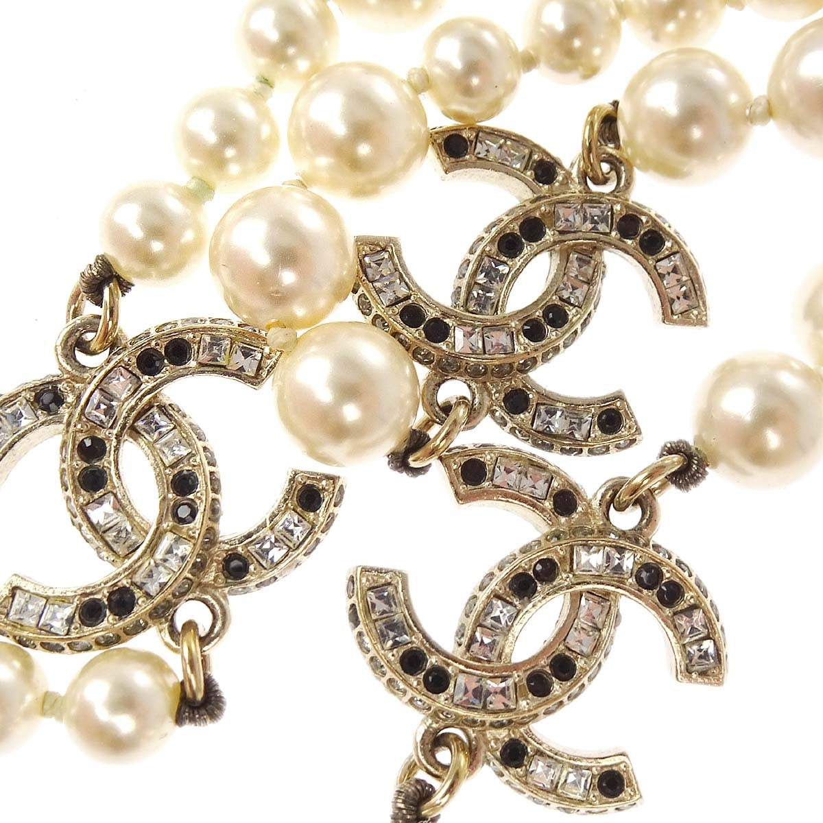 Chanel Gold Chain Artificial Pearl Rhinestone Necklace A15B