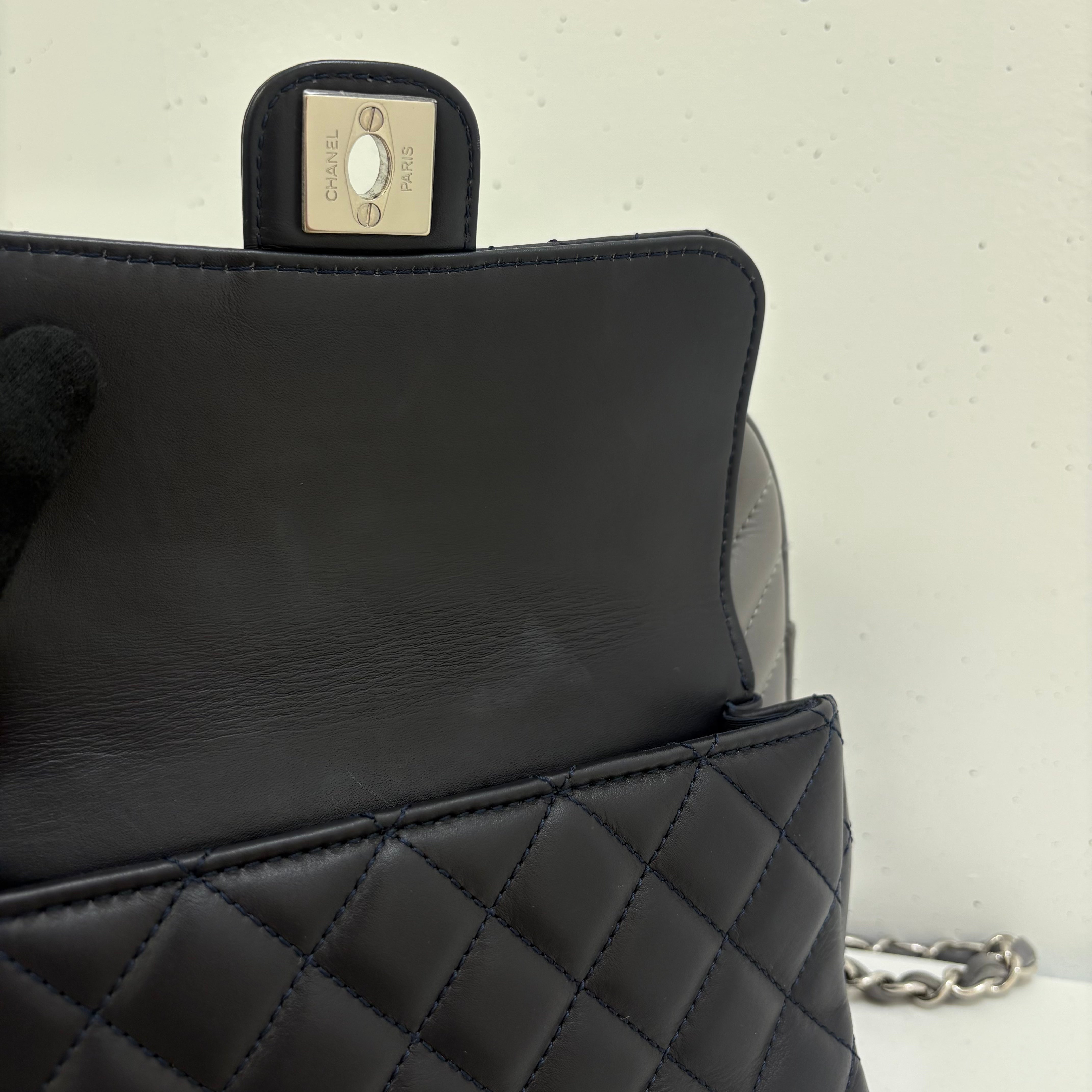 Chanel 2018-2019 Navy Gray Lambskin Chevron Paris-Hamburg Double Camera Case Bag