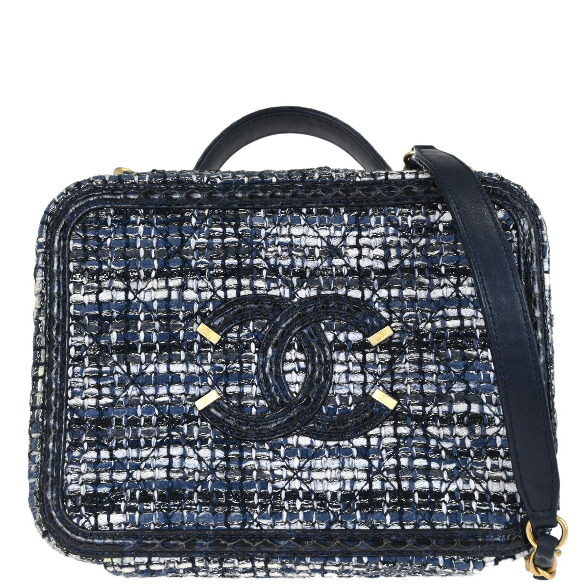 Chanel * 2018 Navy Tweed Python CC Filigree 2way Shoulder Vanity Handbag