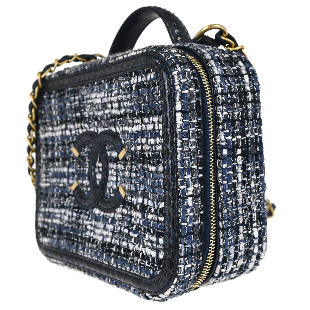 Chanel * 2018 Navy Tweed Python CC Filigree 2way Shoulder Vanity Handbag