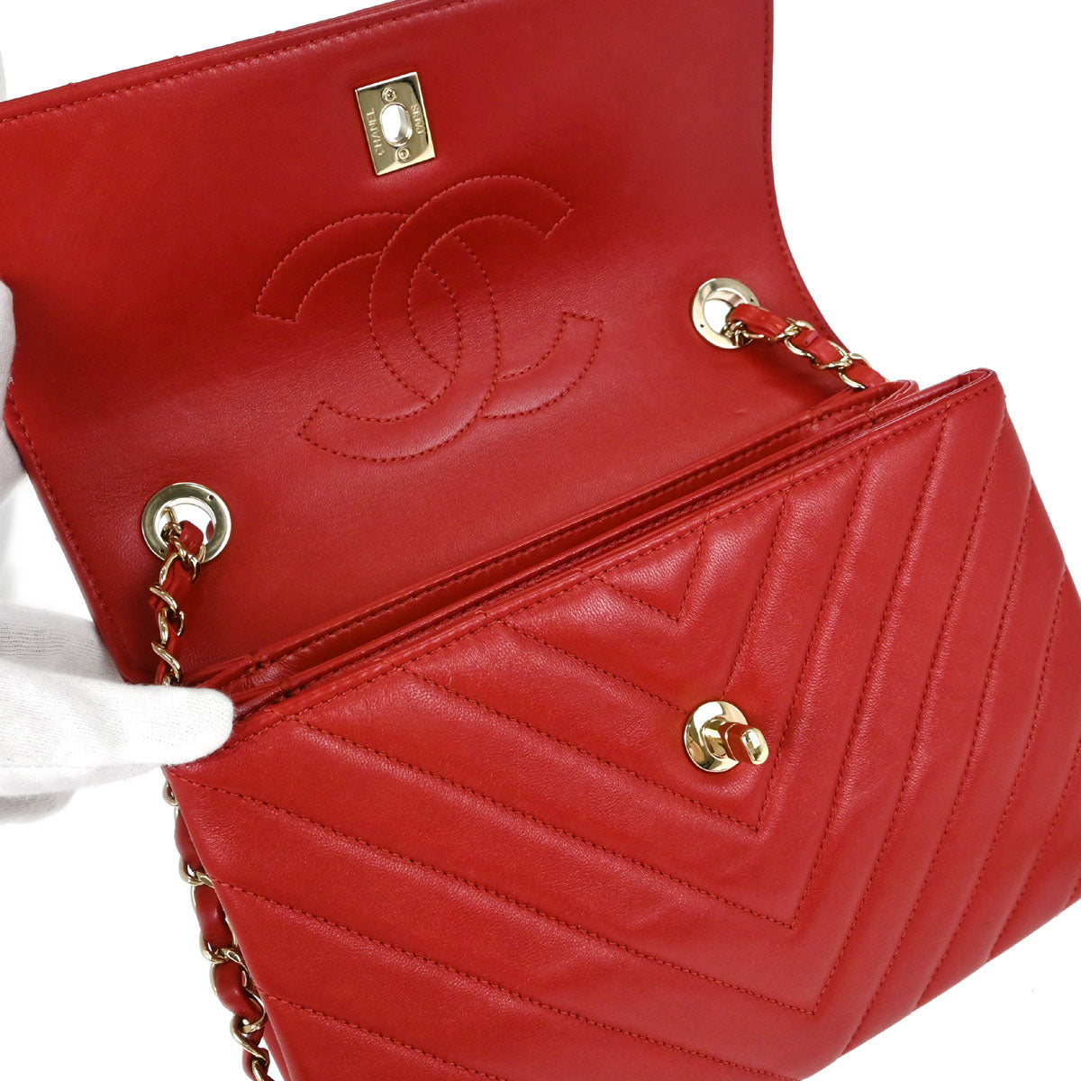 Chanel 2019 Red Lambskin Trendy CC Chevron Top Handle 2way Shoulder Handbag