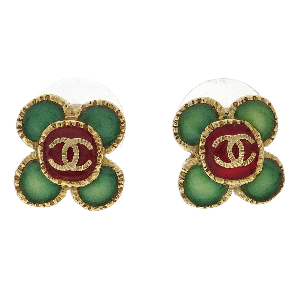 Chanel Pierced Earrings Gold Green Clover A18C