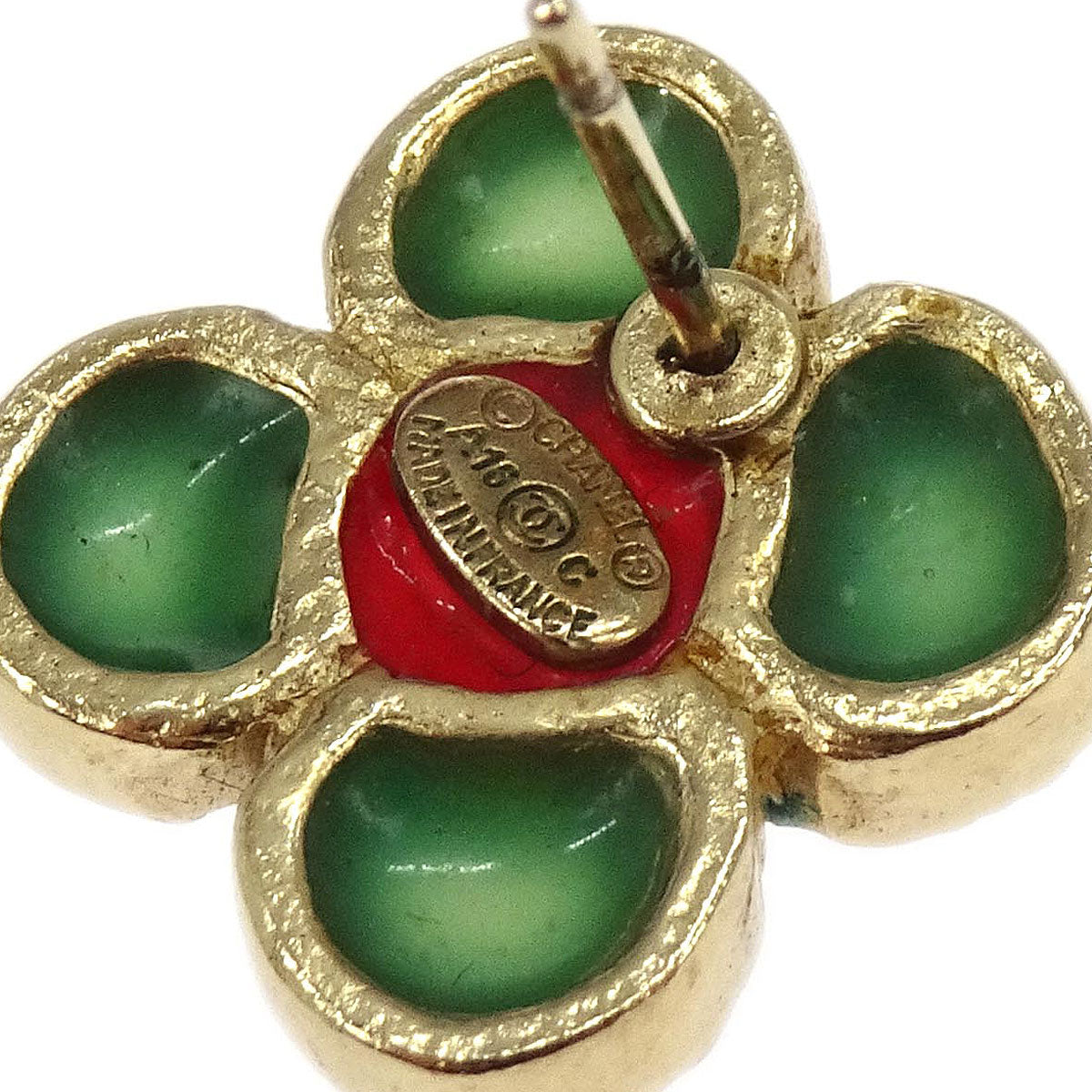 Chanel Pierced Earrings Gold Green Clover A18C