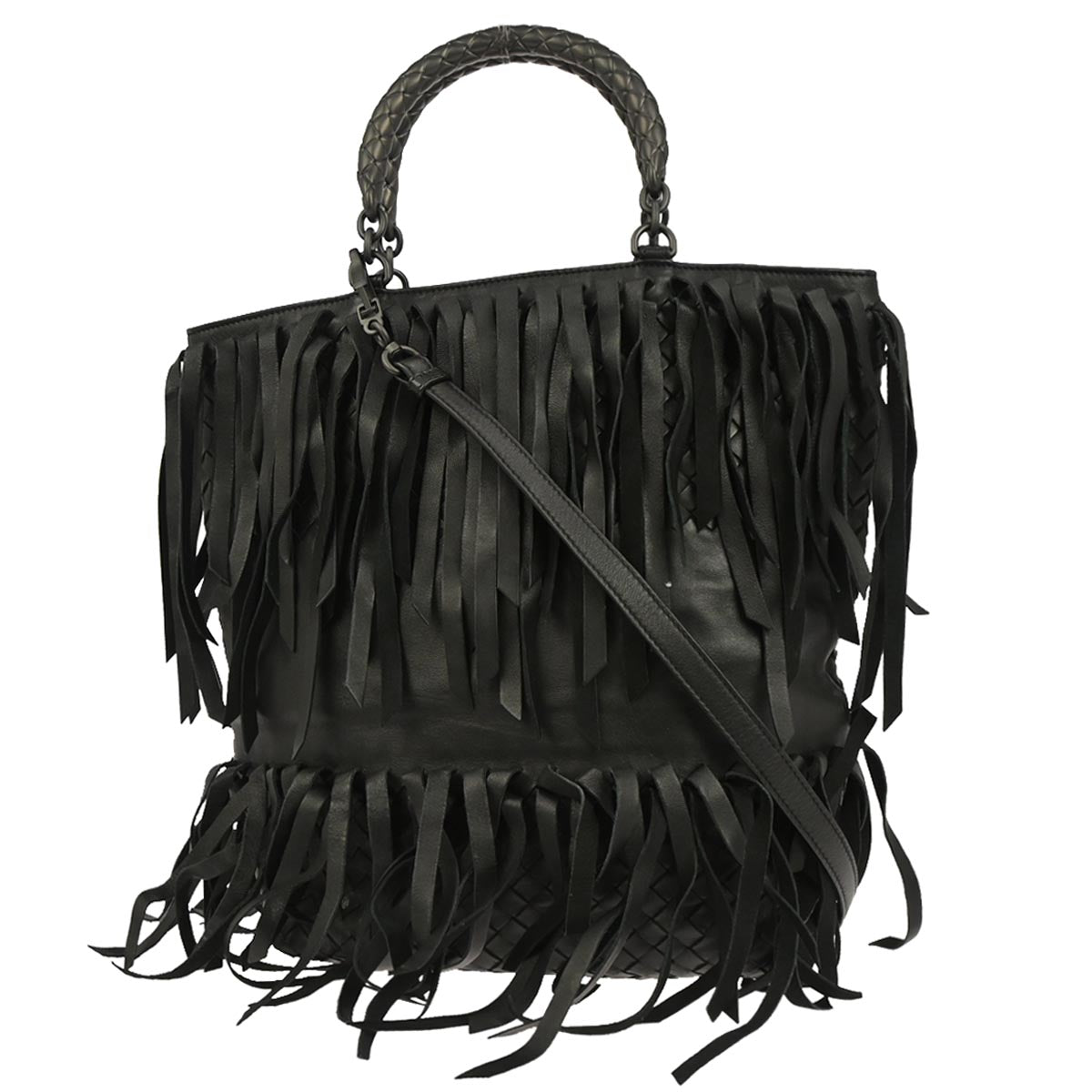 Bottega Veneta Black Intrecciato Fringe Tote Bag