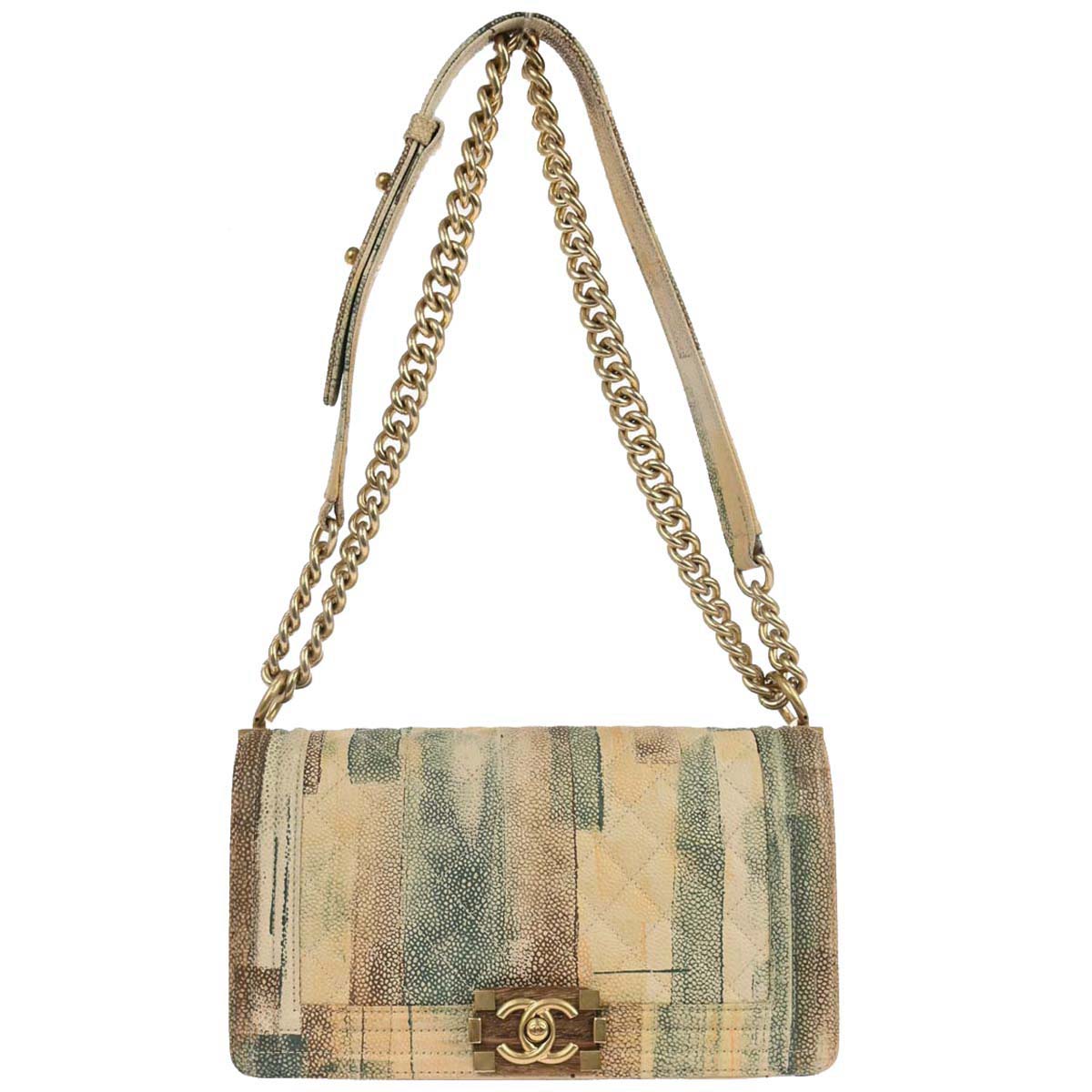 Boy Chanel 2017 Beige Caviar Skin Cuba Painted Medium Shoulder Bag