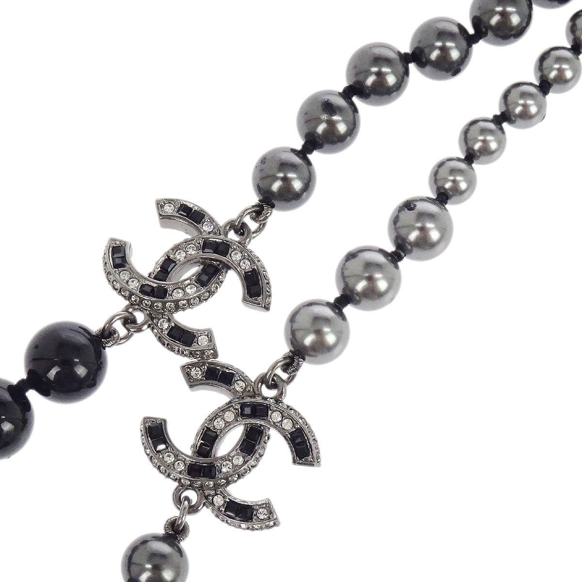 Chanel Chain Necklace Silver Rhinestone Costume Pearl A16V