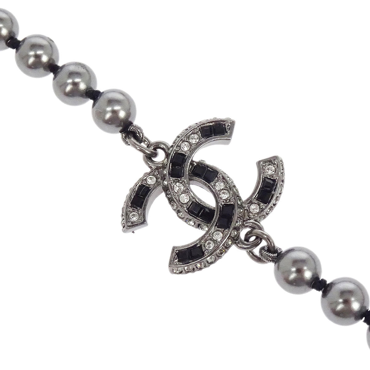 Chanel Chain Necklace Silver Rhinestone Costume Pearl A16V