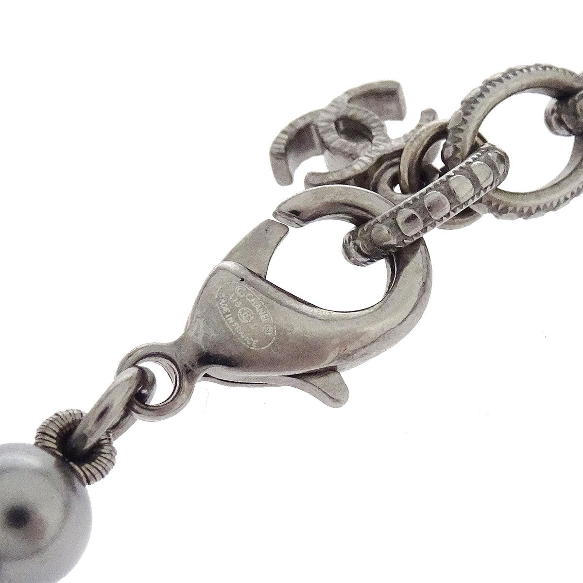 Chanel Chain Necklace Silver Rhinestone Costume Pearl A16V